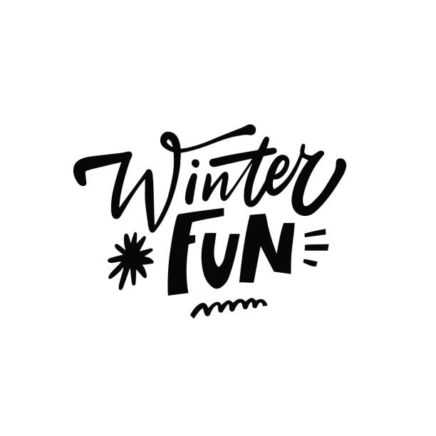 Winter fun lettering phrase. Brush calligraphy holiday season text. Winter fun lettering phrase. Brush calligraphy holiday season text. Celebration design for greeting card or clothes kids. family word stock illustrations