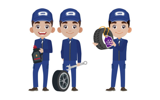 ilustrações, clipart, desenhos animados e ícones de conjunto de técnicos com diferentes poses - adult manual worker automobile industry transportation