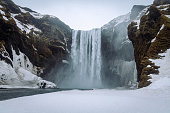 Iceland Skogafoss Waterfall in Winter Snow and Ice Covered Skógafoss Fall
