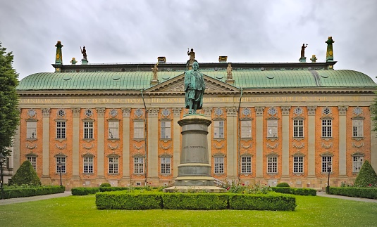 Gatchina, Russia - May 15, 2022: view of southern facade of Great Gatchina Palace in spring day. Gatchina Palace received UNESCO World Heritage Site status in 1990