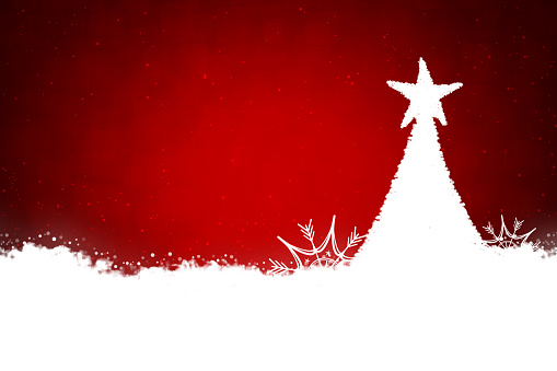 Horizontal illustration of a white Christmas tree over red backdrop. There is no text, no people and Copy space. Can be used as Xmas , New Year day celebrations background, wallpapers, gift wrapping sheets, posters, banners and greeting cards. Small glitter like or glittery dots shining all over and snow layer at the bottom edge.