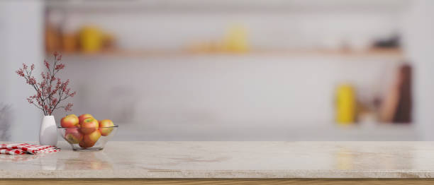 istock Modern marble kitchen islands or countertop with copy space over blurred kitchen background 1438065922
