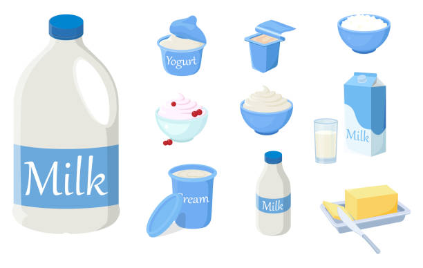 A set of fresh dairy products.Fresh milk,yoghurts,butter, sour cream,cream, ice cream .Illustrations in a hand-drawn style are isolated on a white background. A set of fresh dairy products.Fresh milk,yoghurts,butter, sour cream,cream, ice cream .Illustrations in a hand-drawn style are isolated on a white background. cottage cheese stock illustrations