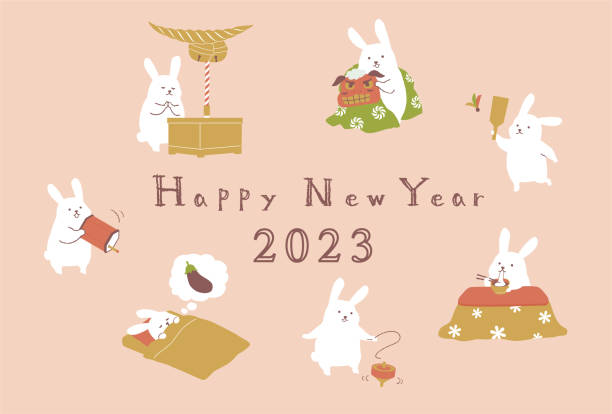illustrations, cliparts, dessins animés et icônes de carte du nouvel an pour l’année du lapin - hatsumode