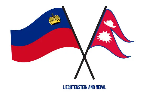 Vector illustration of Liechtenstein and Nepal Flags Crossed And Waving Flat Style. Official Proportion. Correct Colors.