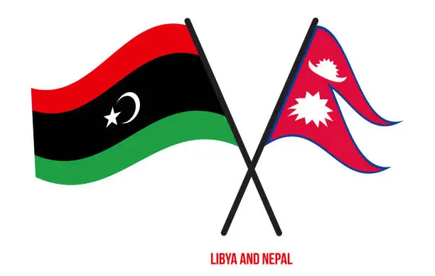 Vector illustration of Libya and Nepal Flags Crossed And Waving Flat Style. Official Proportion. Correct Colors.