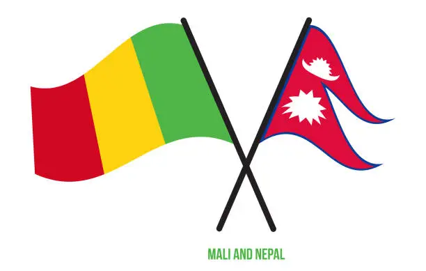 Vector illustration of Mali and Nepal Flags Crossed And Waving Flat Style. Official Proportion. Correct Colors.