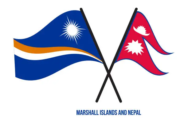 Vector illustration of Marshall Islands and Nepal Flags Crossed & Waving Flat Style. Official Proportion. Correct Colors.