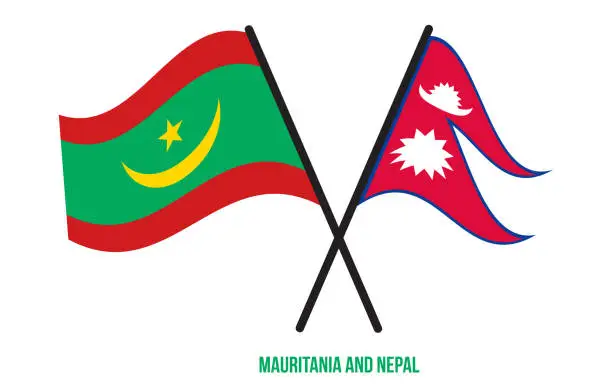 Vector illustration of Mauritania and Nepal Flags Crossed And Waving Flat Style. Official Proportion. Correct Colors.