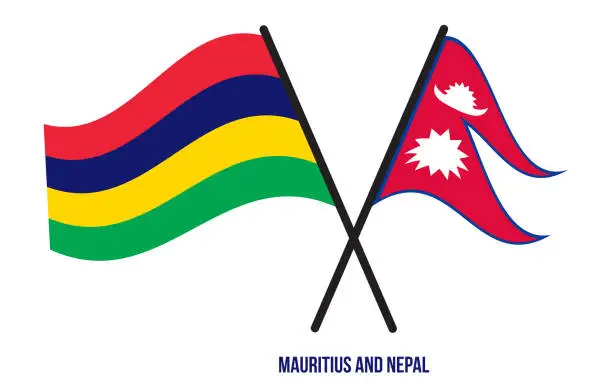 Vector illustration of Mauritius and Nepal Flags Crossed And Waving Flat Style. Official Proportion. Correct Colors.