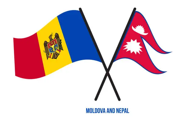 Vector illustration of Moldova and Nepal Flags Crossed And Waving Flat Style. Official Proportion. Correct Colors.