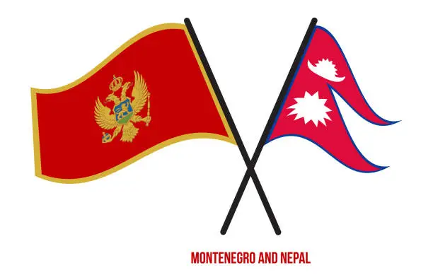 Vector illustration of Montenegro and Nepal Flags Crossed And Waving Flat Style. Official Proportion. Correct Colors.