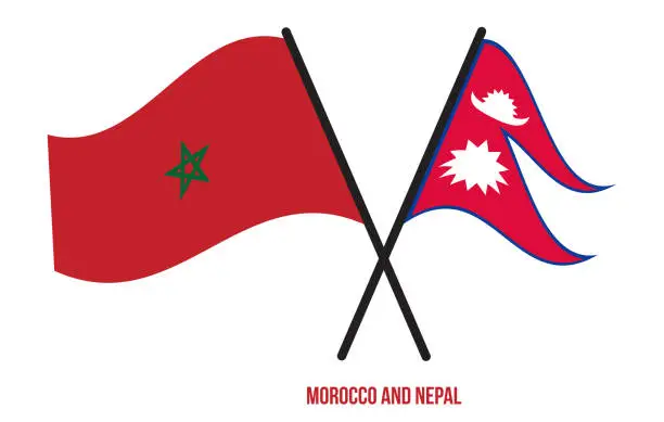 Vector illustration of Morocco and Nepal Flags Crossed And Waving Flat Style. Official Proportion. Correct Colors.