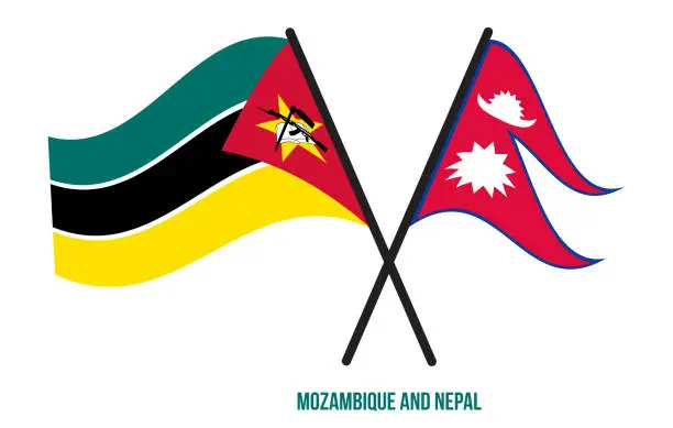 Vector illustration of Mozambique and Nepal Flags Crossed And Waving Flat Style. Official Proportion. Correct Colors.