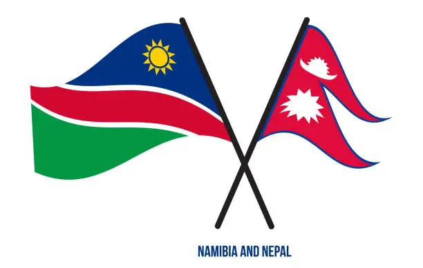 Vector illustration of Namibia and Nepal Flags Crossed And Waving Flat Style. Official Proportion. Correct Colors.