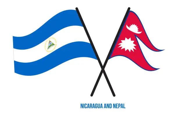 Vector illustration of Nicaragua and Nepal Flags Crossed And Waving Flat Style. Official Proportion. Correct Colors.