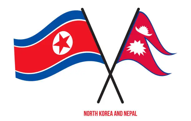 Vector illustration of North Korea and Nepal Flags Crossed And Waving Flat Style. Official Proportion. Correct Colors.