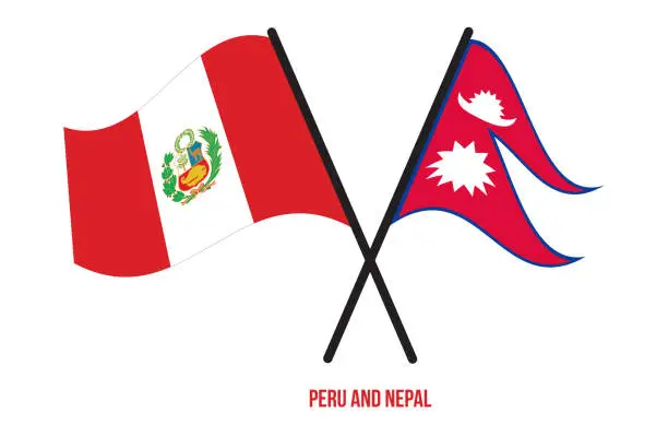 Vector illustration of Peru and Nepal Flags Crossed And Waving Flat Style. Official Proportion. Correct Colors.