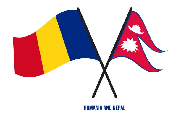 Vector illustration of Romania and Nepal Flags Crossed And Waving Flat Style. Official Proportion. Correct Colors.