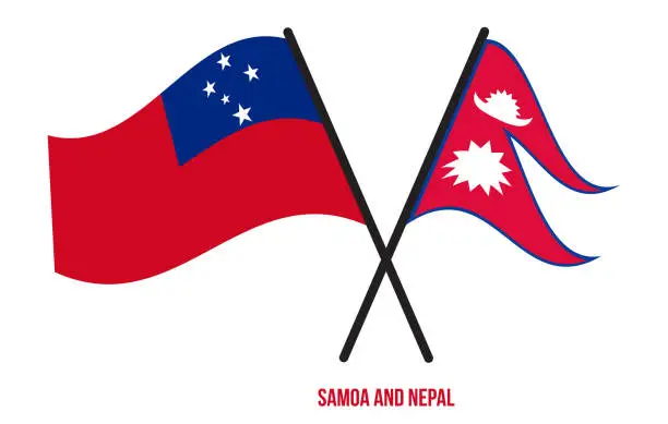 Vector illustration of Samoa and Nepal Flags Crossed And Waving Flat Style. Official Proportion. Correct Colors.