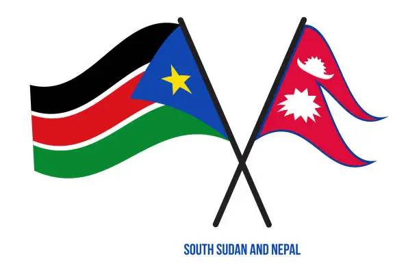 Vector illustration of South Sudan and Nepal Flags Crossed And Waving Flat Style. Official Proportion. Correct Colors.