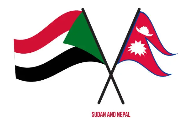 Vector illustration of Sudan and Nepal Flags Crossed And Waving Flat Style. Official Proportion. Correct Colors.