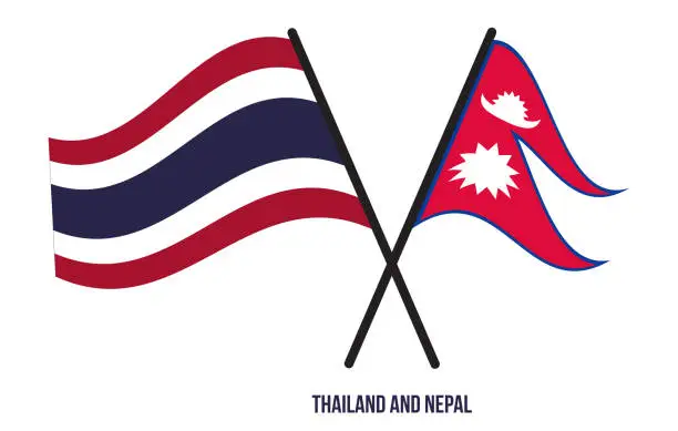 Vector illustration of Thailand and Nepal Flags Crossed And Waving Flat Style. Official Proportion. Correct Colors.