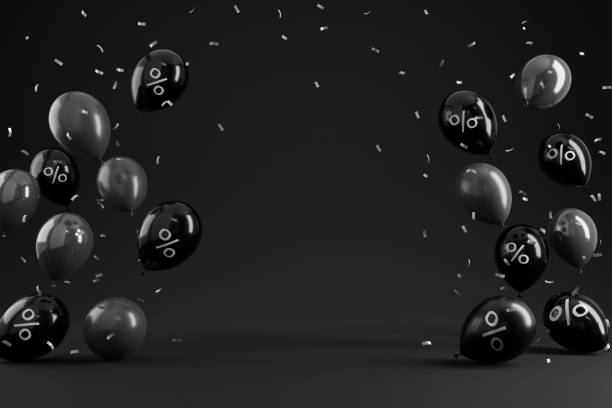 venta de black friday con porcentaje en globo negro brillante sobre fondo negro, póster minimalista, renderizado 3d, para producto o espacio de copia. - black friday fotografías e imágenes de stock