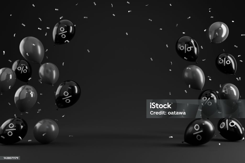 Black Friday sale with percent in black glossy balloon on black background, minimalist poster, 3d rendering, for product or copy space. Black Friday - Shopping Event Stock Photo