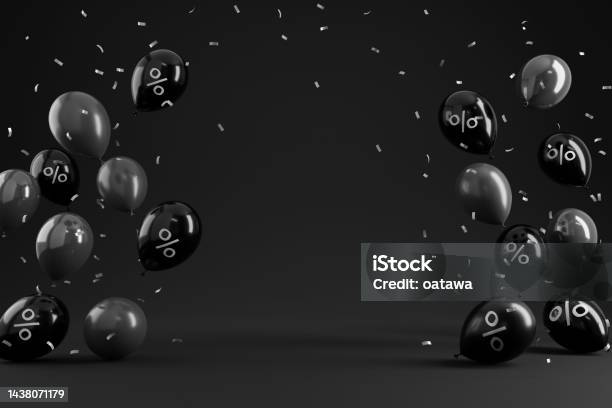 Black Friday Sale With Percent In Black Glossy Balloon On Black Background Minimalist Poster 3d Rendering For Product Or Copy Space Stock Photo - Download Image Now
