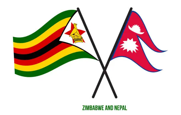 Vector illustration of Zimbabwe and Nepal Flags Crossed And Waving Flat Style. Official Proportion. Correct Colors.