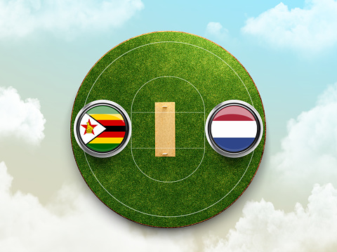 Netherlands vs Zimbabwe cricket flag with Button Badge on stadium 3d illustration