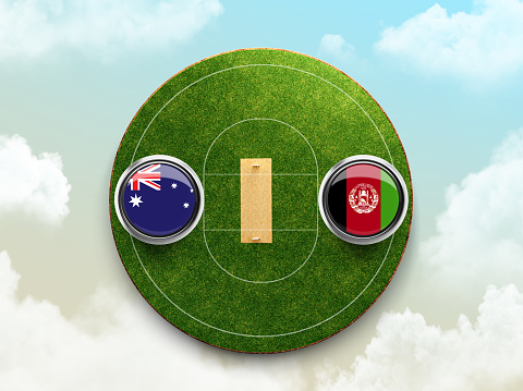 Australia vs Afghanistan cricket flag with Button Badge on stadium 3d illustration