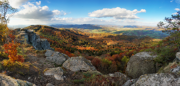 Colorful autumn season on Ordesa and Monte Perdido national park in Pyrenees of Spain.\