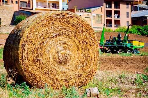 Circular straw bale in a mountain field near a village in a summer day