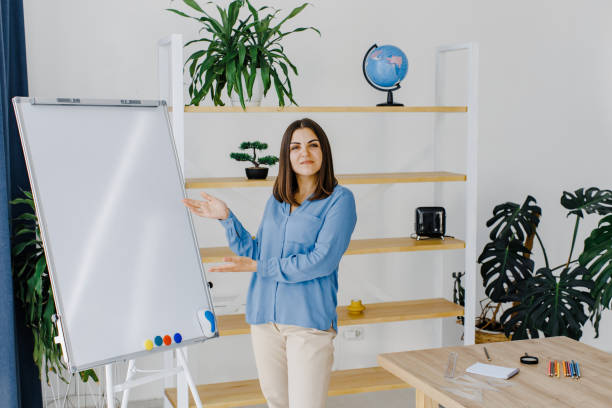istock Professional business trainer near flip chart board in a spacious classroom. Space for text 1438079019