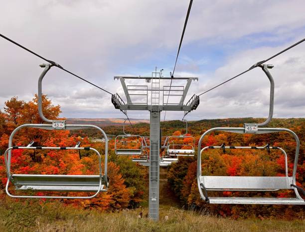 istock Cable chairlift in colorful fall forest under cloudy sky 1438080233