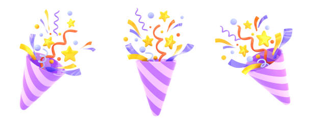 istock Striped firecracker with flying confetti front and angle view. Cartoon 3d render set of party popper with purple ribbon, spirals and golden stars, isolated cracker birthday surprise 1438080313