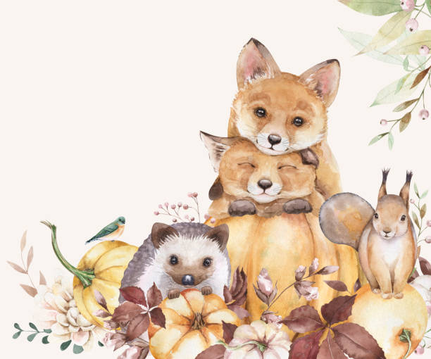 森林の動物と秋の花の組成。キツネ、ハリネズミ、リス、カボチャ、葉。かわいい秋の手描きアート。水彩イラスト。ベージュの背景に色。ポスター、プリント、カード、招待状用 - hedgehog animal autumn nature点のイラスト素材／クリップアート素材／マンガ素材／アイコン素材