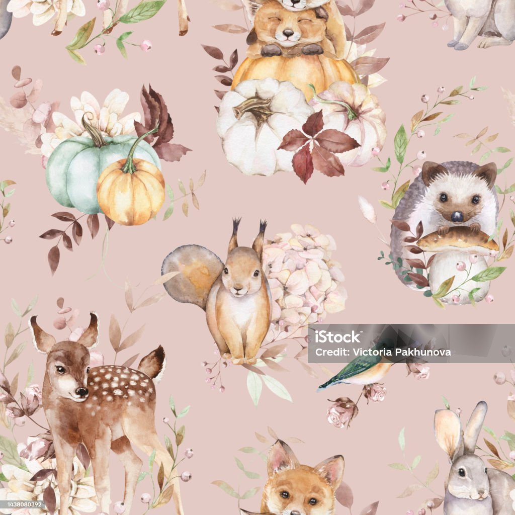 Fall Animal Patterns Woodland Seamless Pattern Deer Fox Squirrel Hare Hedgehog Pumpkins ...
