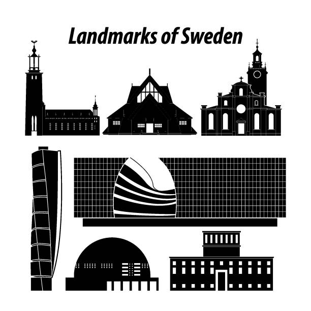 illustrazioni stock, clip art, cartoni animati e icone di tendenza di insieme di monumenti famosi della svezia dallo stile silhouette - stockholm