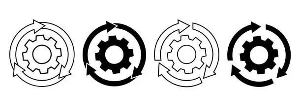 Vector illustration of Set of update system icons with gears, loading or updating files, install new software, operating system, update support, setting options, maintenance, adjusting app process, service concept eps 10