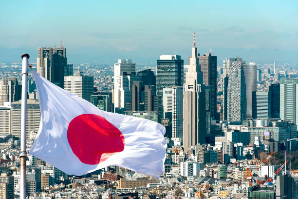 panoramic view of tokyo and japanese flag, japan - flag national flag japan japanese flag imagens e fotografias de stock