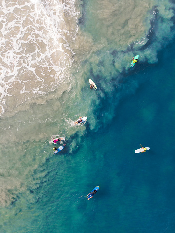A top view shot of people with surfboards swimming in Varkala Beach