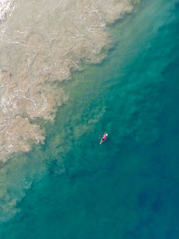 A top view shot of a person with a surfboard swimming in Varkala Beach