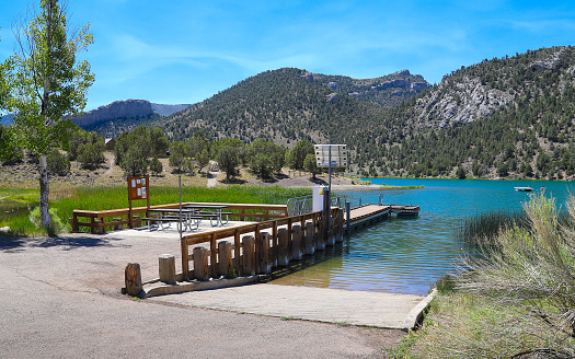 White Pine County, Nevada, United States – June 28, 2018: The boat launch ramp at Nevada's Cave Lake State Park gives visitors an easy way to launch non-motorized boats into the reservoir lake.