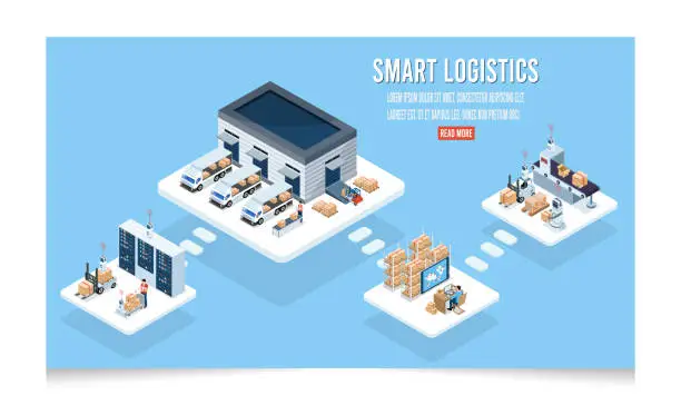Vector illustration of 3D isometric Smart logistics concept with Warehouse Logistic, Workers loading products, transportation truck use wireless technoloty. Eps10 vector illustration