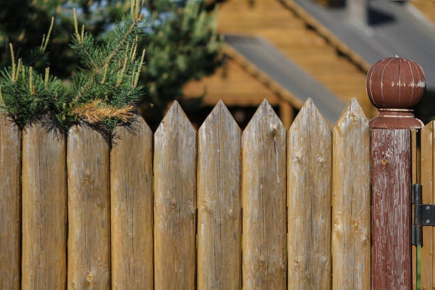 istock Background image - old wooden fence on a blurred background 1438082932