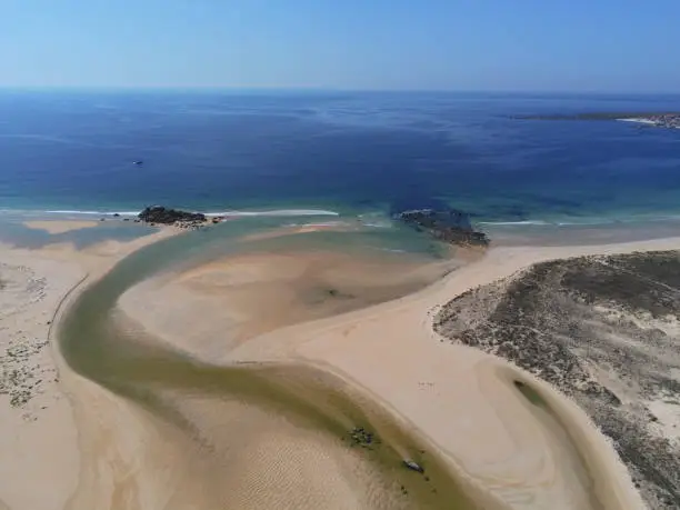 Corrubedo. beautiful coastal landscape in sand dunes. Galicia.Spain. Aerial Drone Photo.