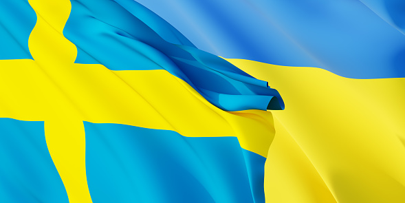 Swedish and Ukrainian flags flying in the wind. Sweden stand with Ukraine. 3D rendered image.